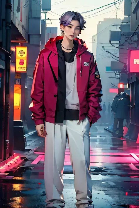 (((Suga from BTS))) K-pop star, really handsome guy, standing, detailed face, detailed body, wearing cyberpunk hoodie