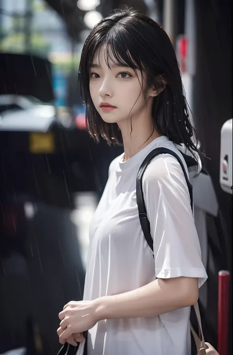 Young woman standing in heavy rain、On the skin of a young woman in a wet white t-shirt sticking to her rain-soaked skin、Rain sticks very much、skin is wet、Face wet in the rain、water dripping、Hair wet in the rain、water dripping、Rain-soaked arms、Young woman w...