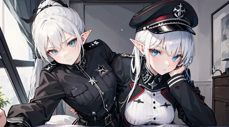 German black military uniform, elf，white hair，Iron Cross emblem，sideface，High ponytail，on bedroom, pervert facial expression, full body