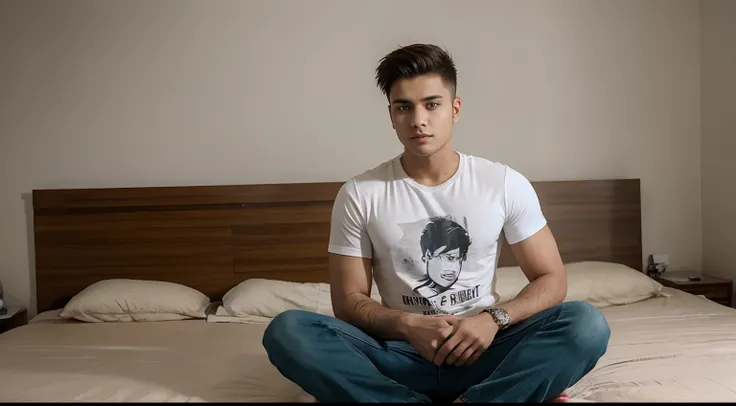 A young handsome guy with short spiky hair Show full body wearing tshirt full pant in indian house alone siting on bed