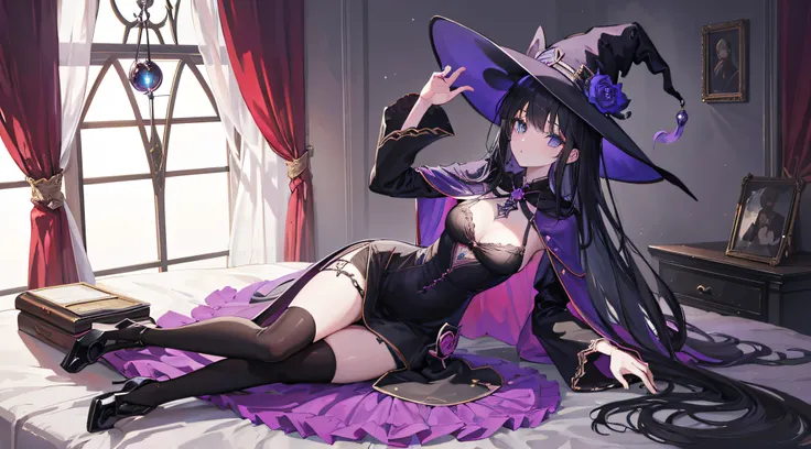 a witch girl, classical witch, witch core clothes, black long hair, full body, anime character magician, bedroom