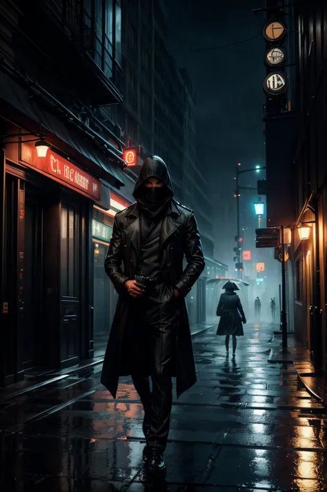 (best quality,highres),rainy urban scene,wet streets,nighttime city,secret mission,cloaked in darkness,a figure in a trench coat,walking through the shadows,ominous atmosphere,epic spy thriller,undercover agent,mystery and danger,colorful city lights,refle...