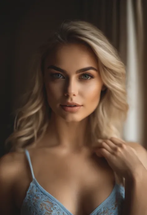 Oman with matching tank top and panties, fille sexy aux yeux bleus, Portrait Sophie Mudd, Portrait de Corinna Kopf, cheveux blonds et grands yeux, selfie of a young woman, ohne Maquillage, maquillage naturel, Look directly into the camera, Visage avec Artg...