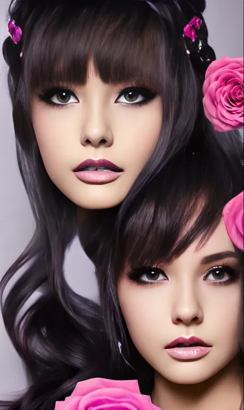 Chica anime de cabello negro, ojos rosas con vestido corto rosa