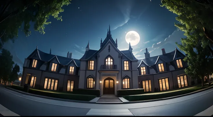 in front of Magical Academy, wide shot wide angled view from below, moonlight, photo, photorealistic