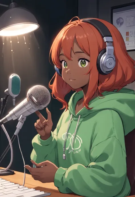 Cute and beautiful darkskin girl with ginger red hair and a green hoodie on holding a microphone a shower head on top, sitting at a cozy podcast desk, doing the peace sign with headphones on. bust photo. black background