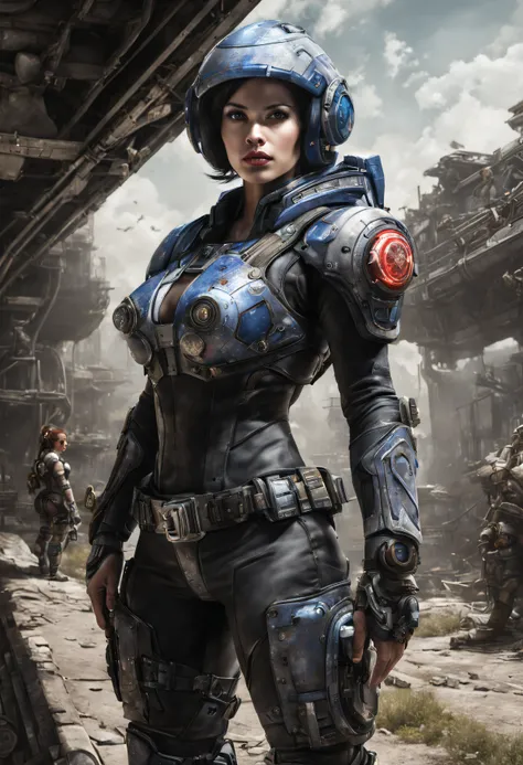 mujer alienigena extraterrestre, considerada como una de las razas mas bellas de la galaxia, con una cara, ojos y labios sensuales, vestida con uniforme sexy de gears of war, se encuentra en centro de control de estacion espacial. hiperrealista, imagen nit...