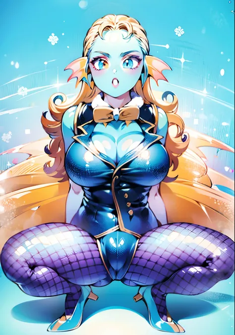 8K, high definition, married, beautiful, beautiful, bright, eye highlights, sexy, erotic, beautiful line drawing, light blue skin, blue and orange gradient ear fins, bunny girl, bunny suit, net tights on legs,