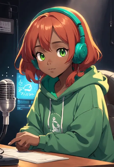 Cute and beautiful darkskin girl with ginger red hair and a green hoodie on holding a microphone a shower head on top, sitting at a cozy podcast desk, doing the peace sign with headphones on. bust photo. black background