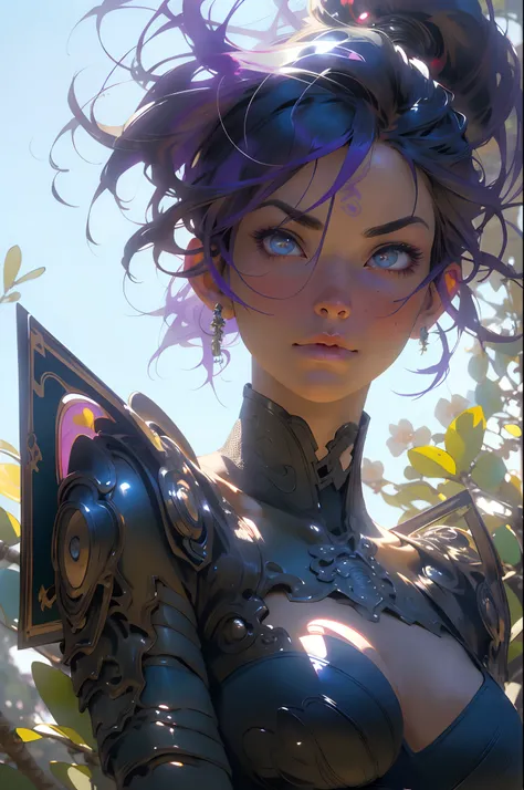 The most beautiful and sexy ninja warrior princess, purple colored hair, vibrant yellow eyes, long detailed eyelashes, huge enormously gigantic tits, cleavage showing, wearing highly detailed samurai ninja battle armor, tons of tattoos and piercings, melan...