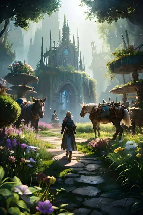 rpg game (RPG) Fantasy style beautiful illustration of an enchanted garden with giant flowers and talking animals,Ethereal landscapes,Reflected light from a metal surface (Reflected Metallic Light).,Frost and fog,dystopia,Ultra Detailed,Masterpiece,Best Qu...