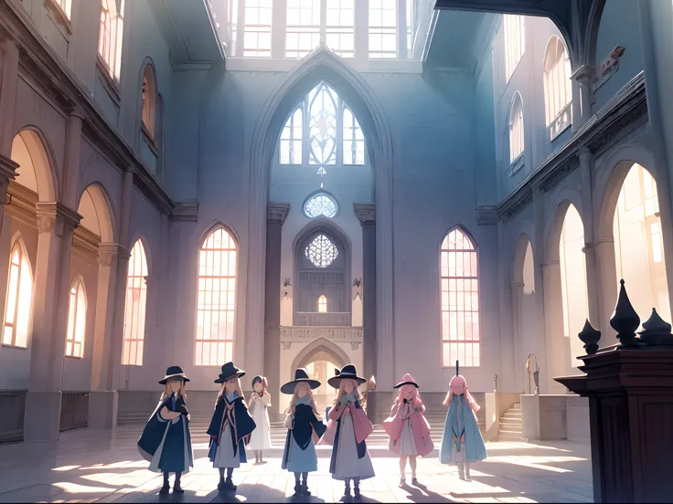 A group of children wearing robes and hats, holding wands and books, standing in front of a castle-like school of magic, best quality, high resolution, 8K, style: Anime, Color tones: Pastel colors with a touch of pink and light blue, Lighting: Soft and war...