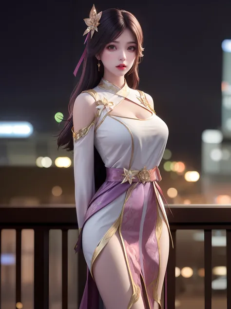 1girl, WMSJyunxiYR,mature female, looking at viewer, cityscape, night,hair ornament, ribbon, arms behind back, dress, cowboy shot, Full