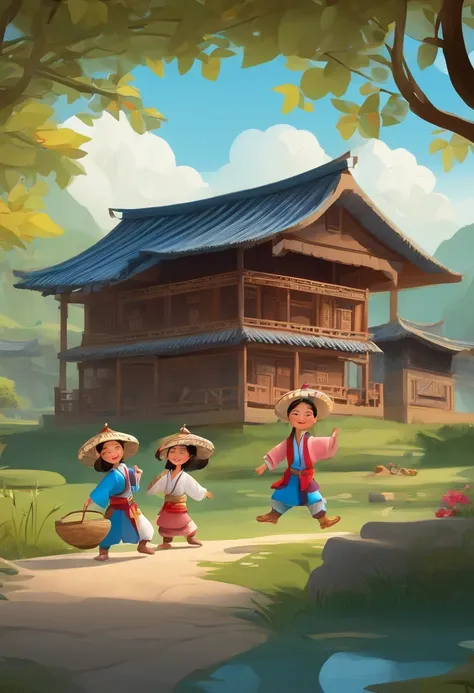 Illustration design, Delicate characters, lawns，Zhuang villages，Wooden house，Children dressed in Zhuang costumes，Dancing and singing together，Blue sky，Nature, playful and lively