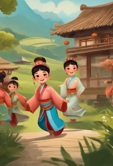 Illustration design, Delicate characters, lawns，Zhuang villages，Wooden house，Children dressed in Zhuang costumes，Dancing and singing together，Blue sky，Nature, playful and lively