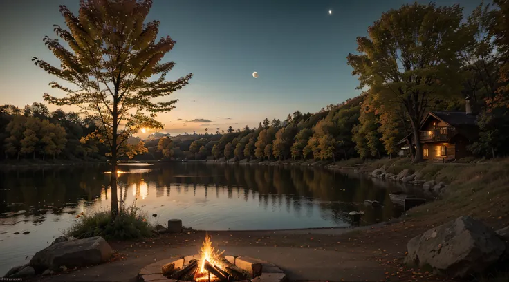 Chalet by the lake，bonfires，natta，Soft lighting，large moon，Autumn trees， Cinematic footage，epic，Photorealsitic，Beautiful picture