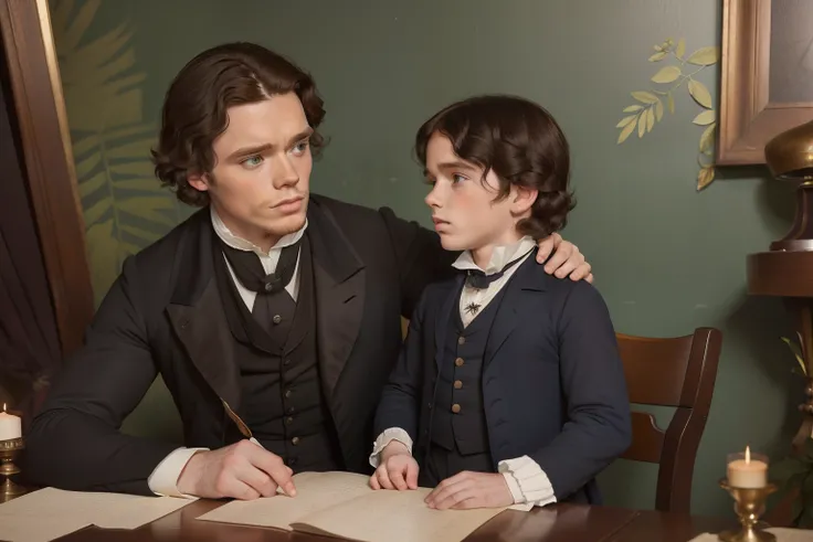 year: 1849. Location: Rock Island, Illinois. Pre-Raphaelite scene with a 31-year-old Richard Madden, talking to his little 6-year-old son, close, hands on his shoulders, ((((Clothing from the 1840s)))) ((Hairstyle of the 1840s)), ((("OMITB" cinematography)...