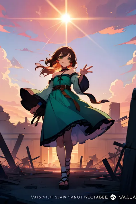 Sasanami Shoko, Valvrabe, 1 girl, Brown hair, Green eyes, Fantasy World, Ruins, Bang, Beautiful sky, shining sky, Sunshine, Smiling, Waving, sox, Sandals, wristbands, a belt, ribbon choker, Dresses that blow the wind, Lace dress, Off-shoulder sleeve