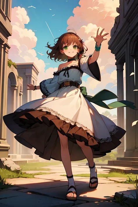 Sasanami Shoko, Valvrabe, 1 girl, Brown hair, Green eyes, Fantasy World, Ruins, Bang, Beautiful sky, shining sky, Sunshine, Smiling, Waving, sox, Sandals, wristbands, a belt, ribbon choker, Dresses that blow the wind, Lace dress, Off-shoulder sleeve