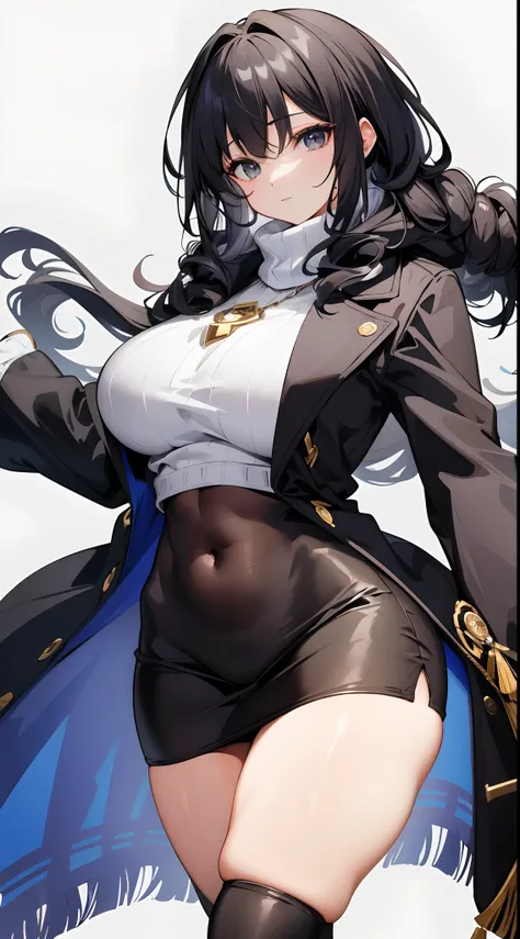 女の子 1 人、独奏、​masterpiece、top-quality、A highly detailed、((Longhaire、Curly hair、A dark-haired、Colossal tits、thick leg、knitted sweater、coat、a miniskirt、tights、Navel Ejection、white backgrounid))、bbw、a miniskirt、thick leg