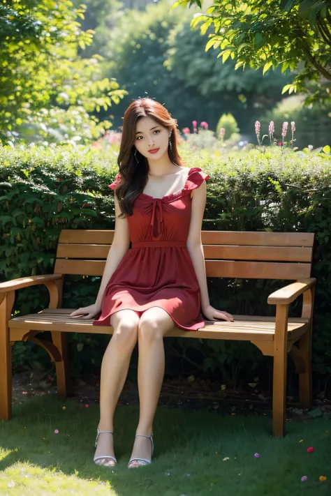 (full body) A girl sitting gracefully in a beautiful garden, dressed in a vibrant red dress that perfectly matches her full red lips. Her eyes sparkle with a touch of mystery as they reflect the surroundings. The garden is filled with colorful flowers and ...