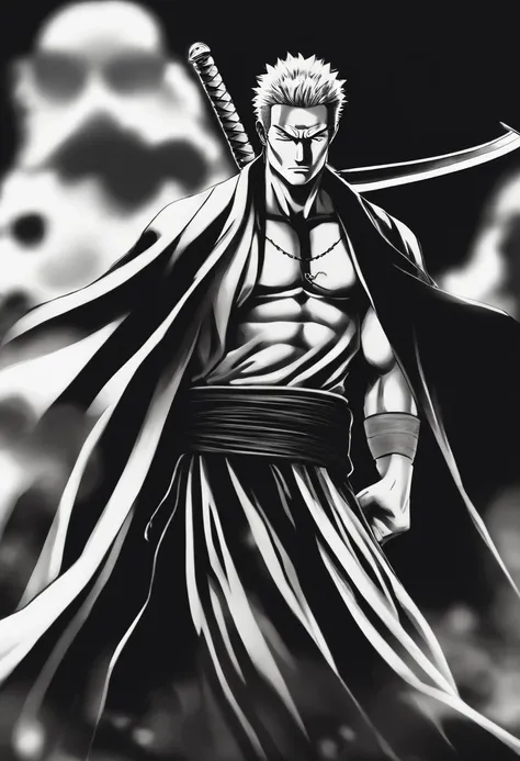 A detailed illustration of Roronoa Zoro with a dark aura, expression serious.