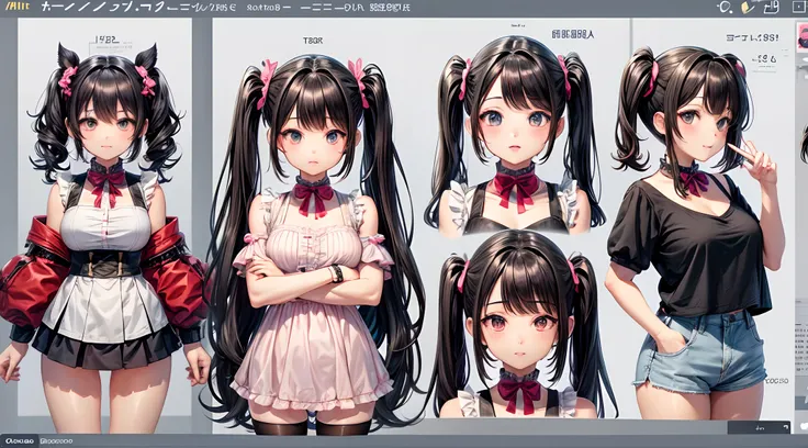 4K,pig tails hairstyle , cute anime girl , front , full body , black hair , vtuber model , focus on pigtails hair length , character sheet