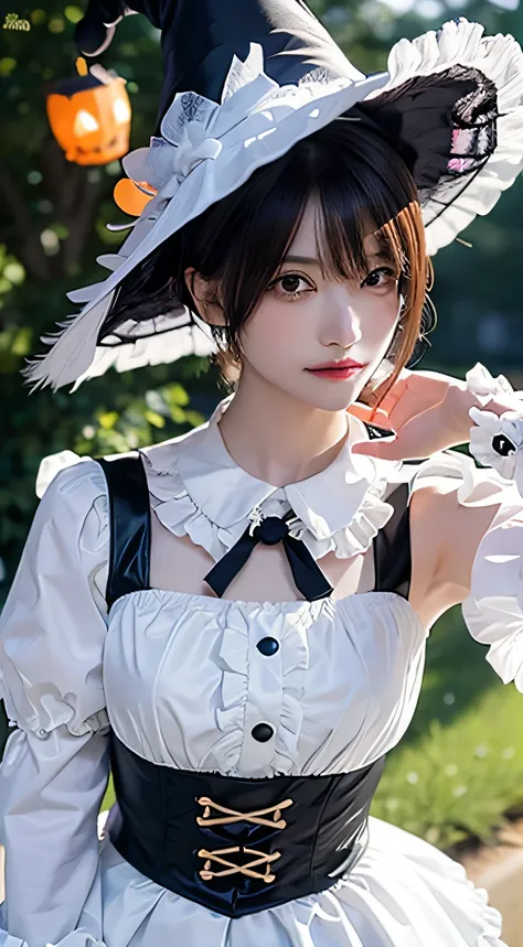 (masutepiece, Best Quality:1.2), 8K, 18year old, 85 mm, Official art, Raw photo, absurderes, White dress shirts, Pretty Face, close up, Upper body, violaceaess, gardeniass, Beautiful Girl, (Detailed Halloween costumes with frills,Witch Hat:1.3), (model pos...