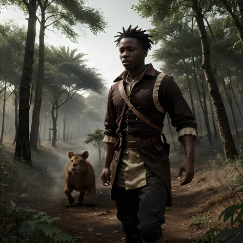 Imagine of an 18th century african young boy, dressed in 18th century hunters dress, fighting a wild beast in the thick forest, 1:1 dimension, 8k high resolution, Cinematic, epic, Hyper-realistic, real image