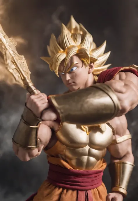 Goku usando armadura de ouro do cavaleiros do zodiaco e com a lamina do caos do kratos