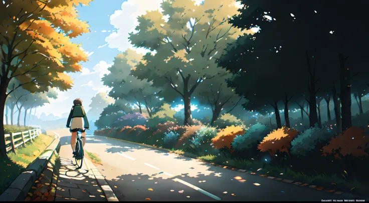 (cycliste seul: 1.5), (Realistic bike: 1.5), (realistic cyclist: 1.5), Plan en gros plan, Le meilleur des meilleurs, automne, Nuit, ciel sombre, Orange leaves, Feuilles qui tombent, Landscaped background, ombres, contraste, Makoto Shinkai (beste-Qualit:1.3...