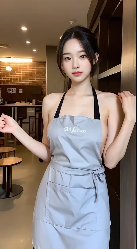 ((top-quality、8K、​masterpiece:1.3))、17 years old girl、1 Beautiful Japan Girls、Slender beautiful woman:1.3、semilong hairstyle、(Black naked apron:1.3)、hyperdetailed face、A detailed eye、二重まぶた、Cafe Background、Chilarism、Just the right size breasts、You can see t...