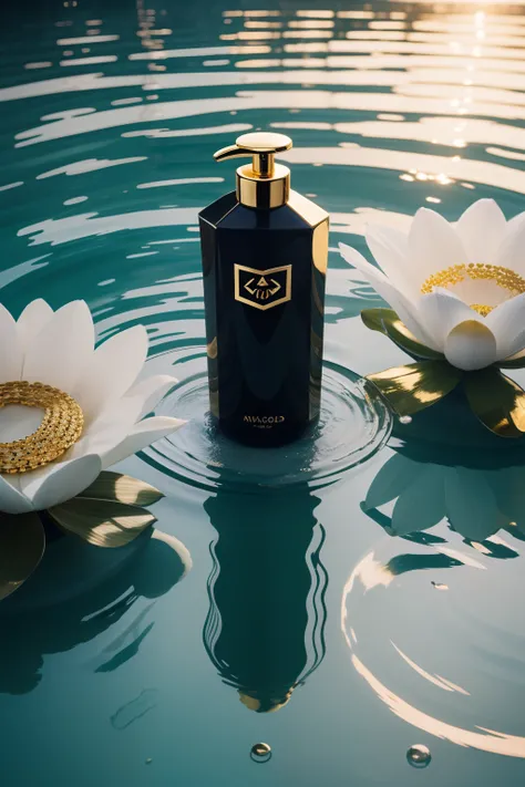 Cosmetic advertis，Merge in the water surrounded by spring flowers in the moonlight，Morandi tones，Transparent background black bottle body gold cap bottle is hexagonal gold cap cream