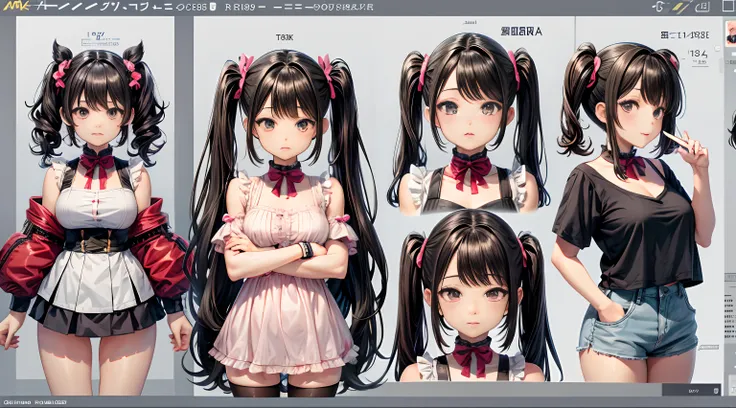 4K,pig tails hairstyle , cute anime girl , front , full body , black hair , vtuber model , focus on pigtails hair length , character sheet