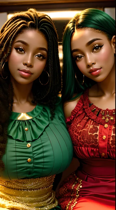 2 meninas afro-americanas de vestido  vermelho,(cabelo cacheado verde)