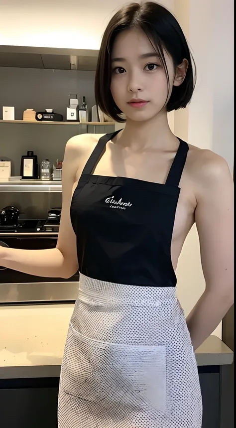 ((top-quality、8K、​masterpiece:1.3))、15yo girl、1 Beautiful Japan Girls、Beautiful woman with slender abs:1.3、Very short hair、(Black naked apron:1.3)、hyperdetailed face、A detailed eye、二重まぶた、Cafe Background、Slouched、Slouching posture、Chilarism、Forward leaning ...