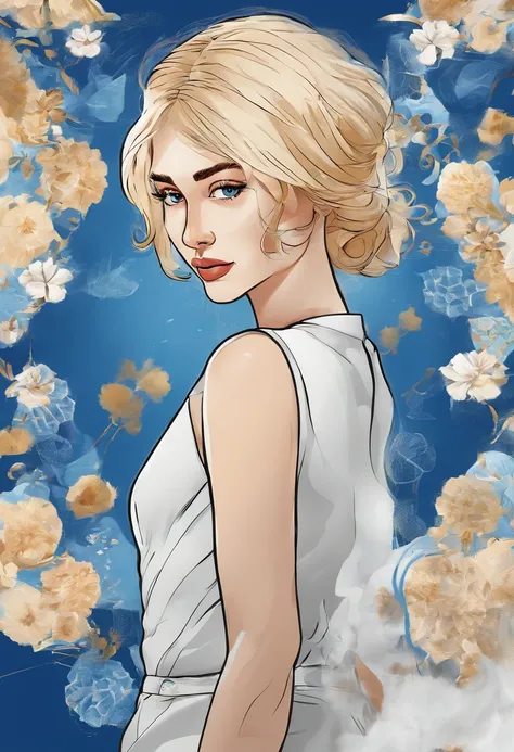 A scene of a woman with blonde hair is shown，The female stands sideways，Hold your hands on your cheeks，The background is a blue-white splash。