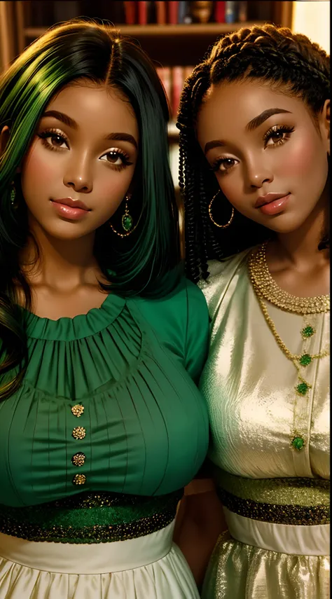 2 meninas afro-americanas de vestido  vermelho,(cabelo cacheado verde)