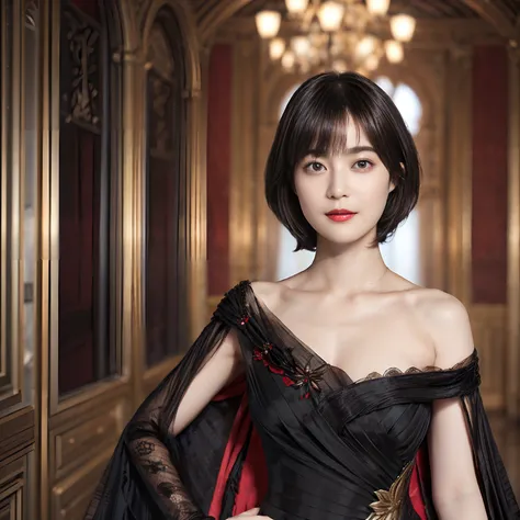 75
(20-year-old princess,is standing), (A hyper-realistic), (Masterpiece), ((short-hair:1.46)), (Smooth black hair), (breast:1.0), (kindly smile:0.9), (Luxurious dresses:1.46), Majestic palace, red lipsticks