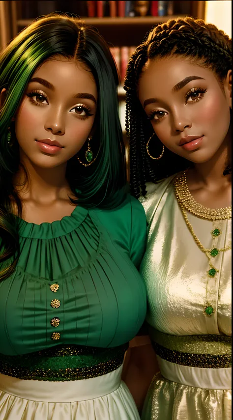 2 meninas afro-americanas de vestido  vermelho,(cabelo cacheado verde)