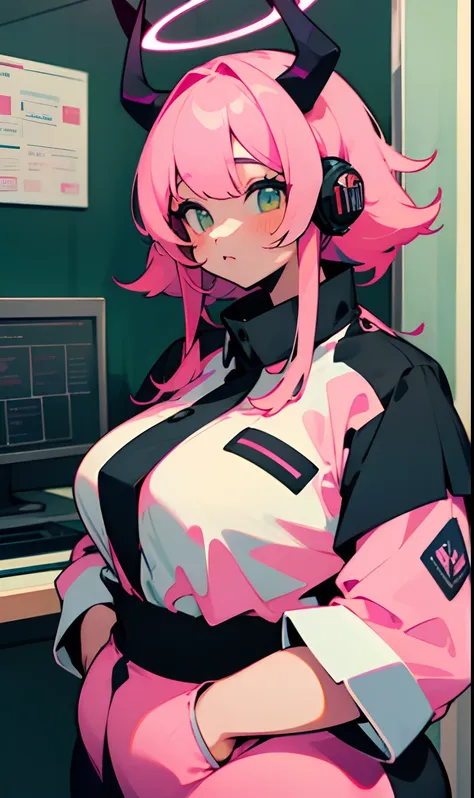 ((masterpiece, best)), (1girl), ((trendy girl)), light pink hair, halo, horn, ((office lady)), bangs, mid-breasted, (plump), sli...