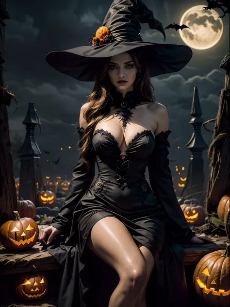 arafed woman in a black dress sitting on a pile of pumpkins, halloween atmosphere, halloween night, halloween theme, halloween a...