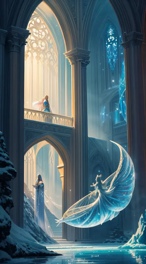 high quality, fantasy, beautiful detailed illustration, digital painting).2 students compete in a magical duel at the school of magic in the ice: splendid and frosted buildings: large entrance in the shape of a gel arch, breathtaking architecture, enchante...