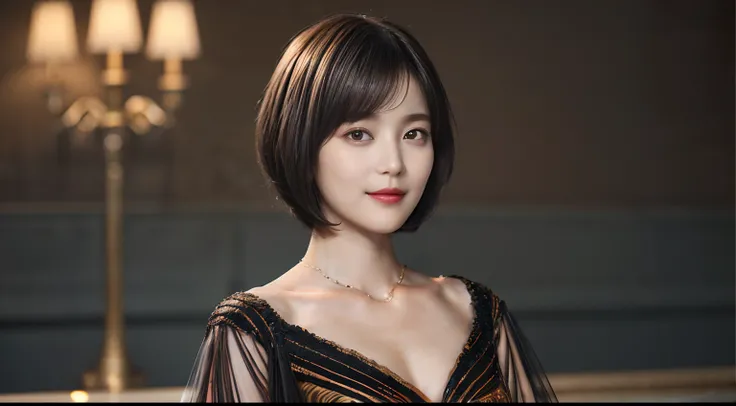 76
(20-year-old princess,is standing), (A hyper-realistic), (Masterpiece), ((short-hair:1.46)), (Smooth black hair), (breast:1.0), (kindly smile:0.9), (Luxurious dresses:1.46), Majestic palace, orange lipstick