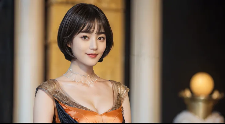 76
(20-year-old princess,is standing), (A hyper-realistic), (Masterpiece), ((short-hair:1.46)), (Smooth black hair), (breast:1.0), (kindly smile:0.9), (Luxurious dresses:1.46), Majestic palace, orange lipstick