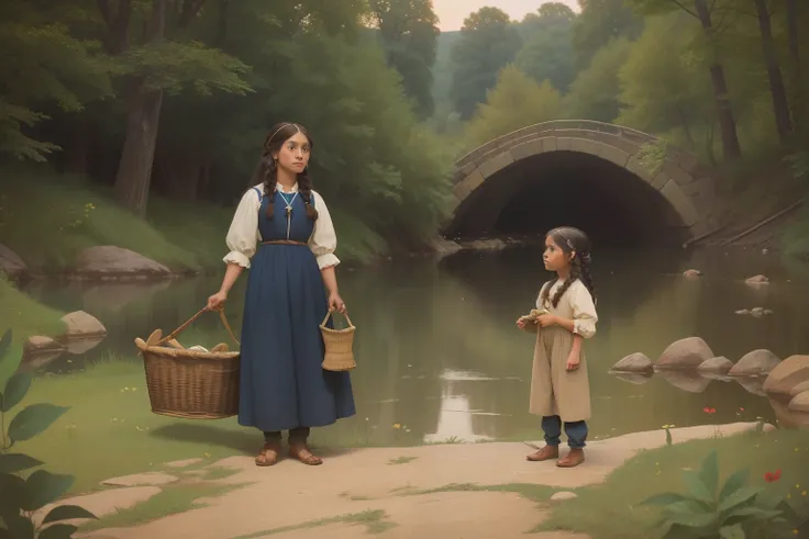 year: 1849. Location: Rock Island, Illinois. Pre-Raphaelite scene with a 26-year-old sauk native american woman, collecting herbs, with a 6-year-old boy ((((Clothing from the 1840s)))) ((Hairstyle of the 1840s)), ((("OMITB" cinematography)))