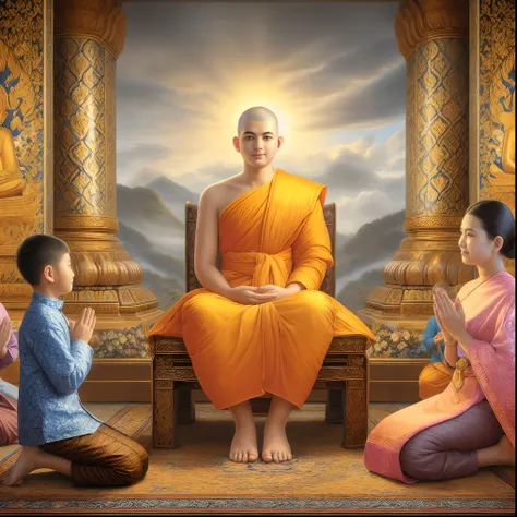 arafed image of a monk sitting on a bench with two children, buddhism, buddhist, monk meditate, buddhist monk meditating, on the path to enlightenment, on path to enlightenment, by John La Gatta, buddhist monk, hindu stages of meditation, the buddha, samsa...