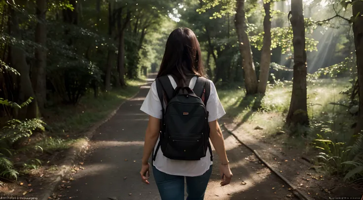 (best quality,4k,8k,highres,masterpiece:1.2),ultra-detailed,(realistic,photorealistic,photo-realistic:1.37),Araffe walking along a path in the forest, holding a map in her hand, with a square black backpack on her back, black hair, she wears a short-sleeve...