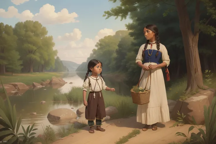 year: 1849. Location: Rock Island, Illinois. Pre-Raphaelite scene with a 26-year-old sauk native american woman, collecting herbs, with a 6-year-old boy ((((Clothing from the 1840s)))) ((Hairstyle of the 1840s)), ((("OMITB" cinematography)))