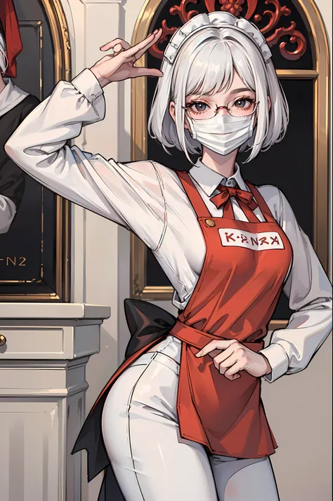 (masterpiece, best quality), 1girl, White Hair, bobcut, ((wearing a red apron, long sleeve shirt)), tight pants, wearing glasses, ((halfbody pose, focus shot)), ((smiling, standing still)), ((wearing a face mask)), small breasts, perfect breasts